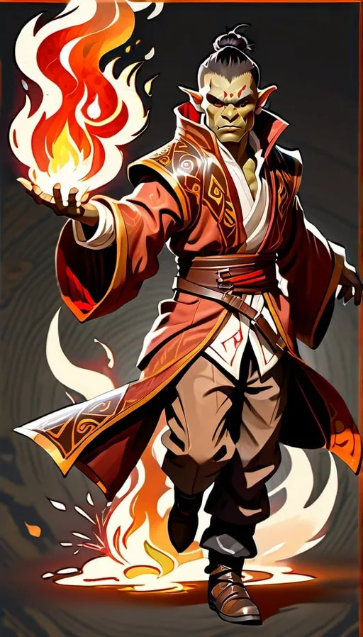 Prompt: Half-orc elemental mage in fashionable aristocratic clothing, flying rocks with fire and earth elements, sparks, detailed red marble pattern cloak, detailed clothing, tall and young, green skin, short dark hair, high quality, digital art, DnD, fantasy, detailed picture, sparks, firebender, earthbender, red marble cloak, realistic textures