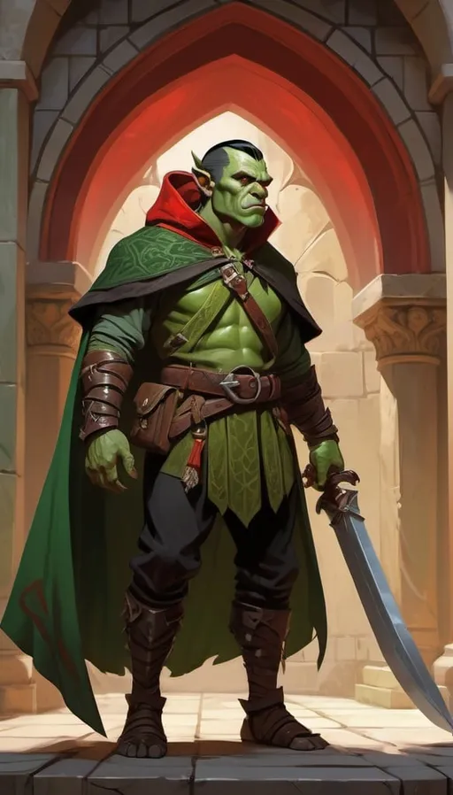 Prompt: DnD charactrer, half-orc, endomorphic body type, green skin, short dark hair, aristocratic clothing, black and red marble pattern cloak