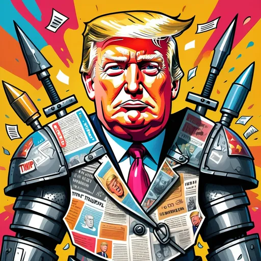 Prompt: caricature of Trump wearing armor made of newspaper, vibrant colors, humorous expression, exaggerated features, bold outlines, playful details, whimsical background, media symbols scattered around, satirical atmosphere, high-quality illustration, dynamic composition, cartoonish style, engaging and colorful, satirical commentary on media.