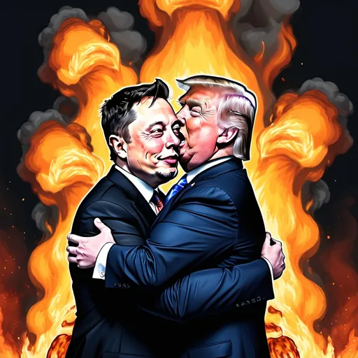 Prompt: Create a caricature of Elon musk and trump hugging over an America burning
