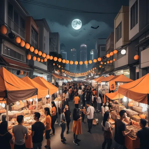 Prompt: Halloween theme street market with crowd, musics, vendor with food and art. Background with Malaysia city, asian crowd and more warm street light vibes with small corner with live band performance