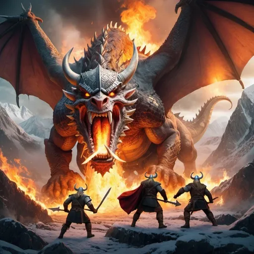 Prompt: a fantastic world containing strong and huge Vikings fighting a dragon that breathes fire