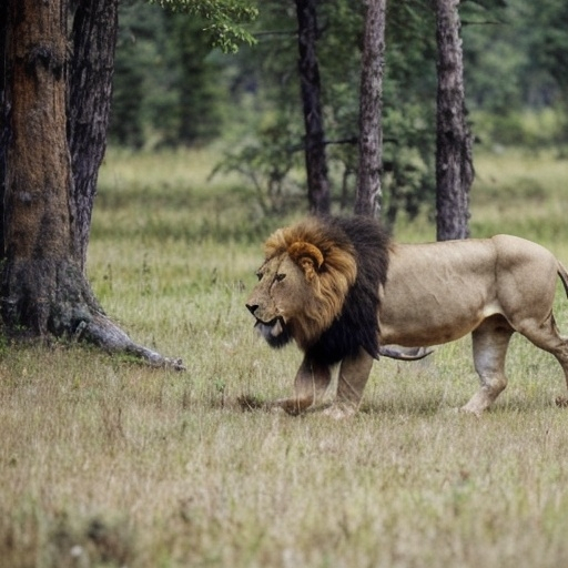 Prompt: a lion is walking past the forest with the blood in his mouth and body after a big hunt of wild buffalo