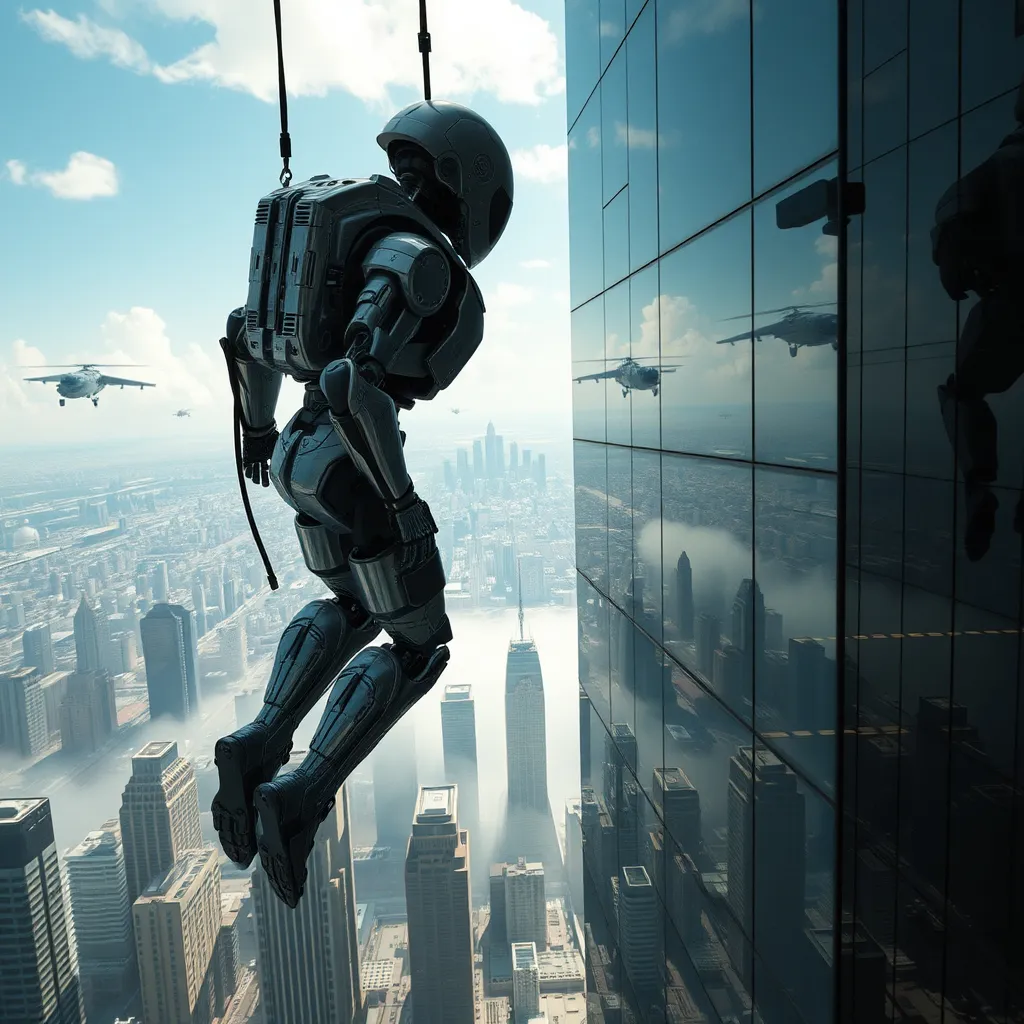 Prompt: a cyborg hanging from the skyscrapper and seeing the city, the mirror view showing a army have been approaching it with full air support.