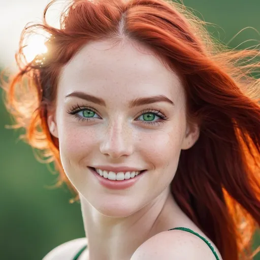 Prompt: breathtakingly cute woman in paradise. Ruby hair, sparkling green eyes, pale skin, freckles, dimples, cute smile, from the waist up