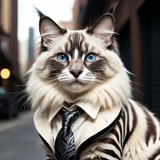 Prompt: (zebra-patterned gangster Ragdoll cat), (devilish face with sharp features), bold and dramatic pose, intricate detailing, high contrast colors, urban backdrop, moody atmosphere, subtle shadows enhancing depth, playful yet menacing expression, ultra-detailed fur texture, stylish accessories reflecting gang culture, vivid colors for added vibrancy, HD quality, artistic flair for a cinematic feel.