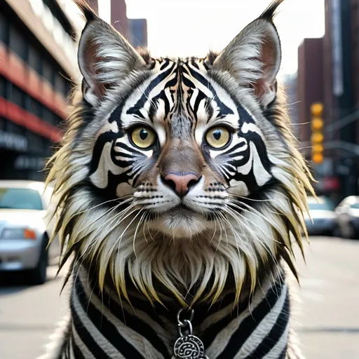 Prompt: (zebra-patterned gangster Ragdoll cat), (devilish face with sharp features), bold and dramatic pose, intricate detailing, high contrast colors, urban backdrop, moody atmosphere, subtle shadows enhancing depth, playful yet menacing expression, ultra-detailed fur texture, stylish accessories reflecting gang culture, vivid colors for added vibrancy, HD quality, artistic flair for a cinematic feel.