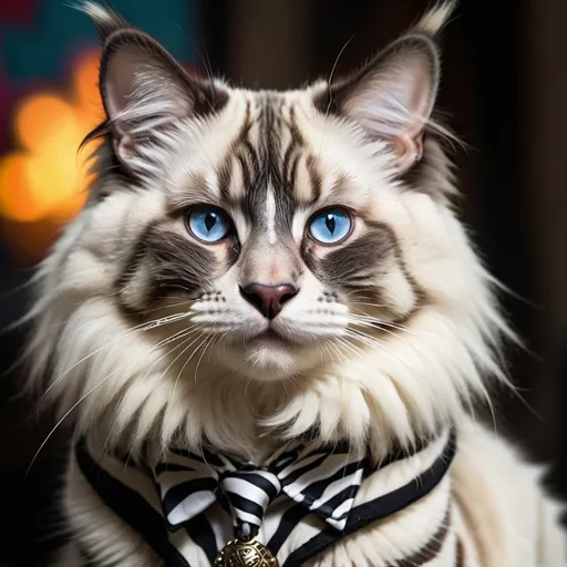 Prompt: (zebra-patterned gangster Ragdoll cat), (devilish face with sharp features), bold and dramatic pose, intricate detailing, high contrast colors, urban backdrop, moody atmosphere, subtle shadows enhancing depth, playful yet menacing expression, ultra-detailed fur texture, stylish accessories reflecting gang culture, vivid colors for added vibrancy, HD quality, artistic flair for a cinematic feel.