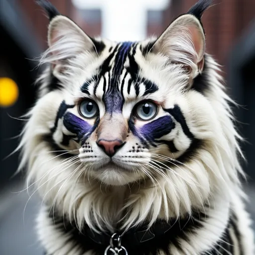 Prompt: (zebra-patterned gangster Ragdoll cat), (devilish face with sharp features), bold and dramatic pose, intricate detailing, high contrast colors, urban backdrop, moody atmosphere, subtle shadows enhancing depth, playful yet menacing expression, ultra-detailed fur texture, stylish accessories reflecting gang culture, vivid colors for added vibrancy, HD quality, artistic flair for a cinematic feel.