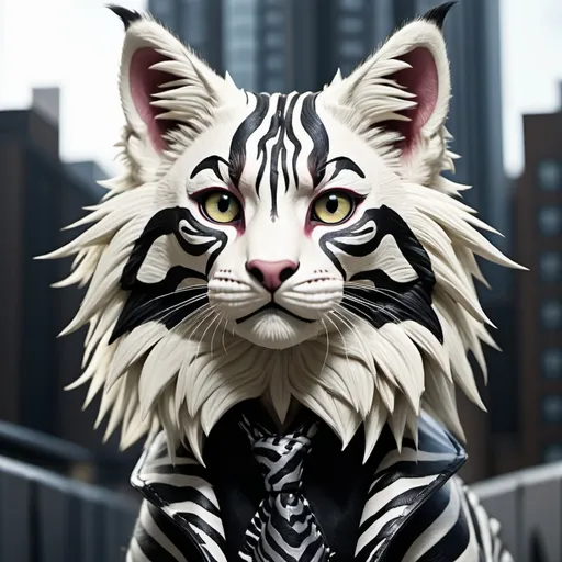 Prompt: (zebra-patterned gangster Ragdoll cat), (devilish face with sharp features), bold and dramatic pose, intricate detailing, high contrast colors, urban backdrop, moody atmosphere, subtle shadows enhancing depth, playful yet menacing expression, ultra-detailed fur texture, stylish accessories reflecting gang culture, vivid colors for added vibrancy, HD quality, artistic flair for a cinematic feel.