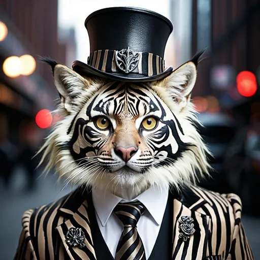 Prompt: (zebra-patterned gangster Ragdoll cat), (devilish face with sharp features), bold and dramatic pose, intricate detailing, high contrast colors, urban backdrop, moody atmosphere, subtle shadows enhancing depth, playful yet menacing expression, ultra-detailed fur texture, stylish accessories reflecting gang culture, vivid colors for added vibrancy, HD quality, artistic flair for a cinematic feel. and smoking cigar