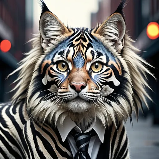 Prompt: (zebra-patterned gangster Ragdoll cat), (devilish face with sharp features), bold and dramatic pose, intricate detailing, high contrast colors, urban backdrop, moody atmosphere, subtle shadows enhancing depth, playful yet menacing expression, ultra-detailed fur texture, stylish accessories reflecting gang culture, vivid colors for added vibrancy, HD quality, artistic flair for a cinematic feel. and smoking cigar