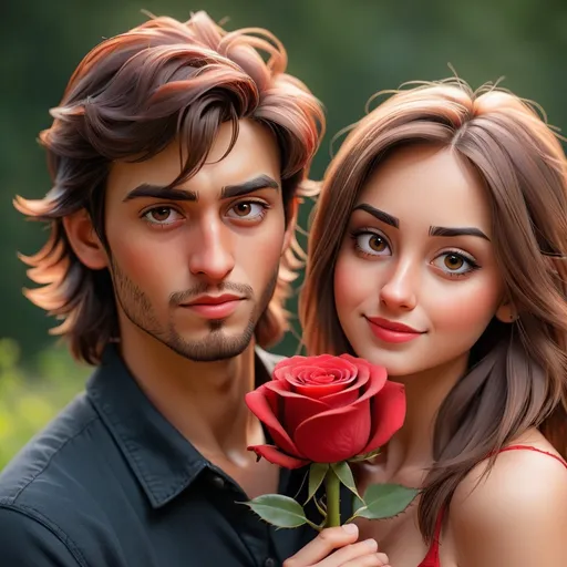 Prompt: One 25 year girl with his boyfriend  with red rose