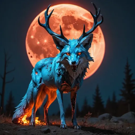 Prompt: An undead fox buck hybrid set aflame with ethereal blue and black fire with huge sharp and pronged antlers covered in tattered and bloody skin shining under the light of a blood moon above.
