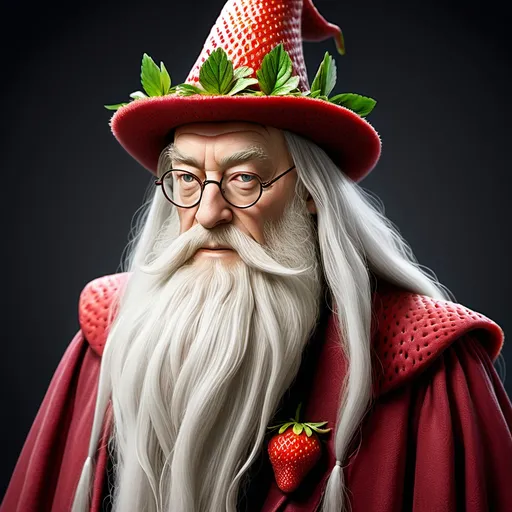 Prompt: create image as per below discription 
Strawberry Dumbledore:

Appearance: Dumbledore's long, flowing silver beard is replaced with a fluffy, pinkish-red strawberry-like texture, resembling strawberry fibers. His robes are a deep red with green accents, mimicking the colors of a strawberry and its leaves.

Hat: His iconic wizard hat is shaped like a strawberry, complete with a green leafy stem on top.

Staff/Wand: Instead of the Elder Wand, he wields a wand that looks like a strawberry stem, glowing with a soft, fruity aura.

Personality: He retains his wise and kind demeanor, but now with a sweet, nurturing vibe, as if he’s always ready to offer a strawberry-flavored treat or advice.

Accessories: His half-moon spectacles are tinted a light pink, and his pockets are always filled with strawberry-shaped candies or magical strawberry seeds.