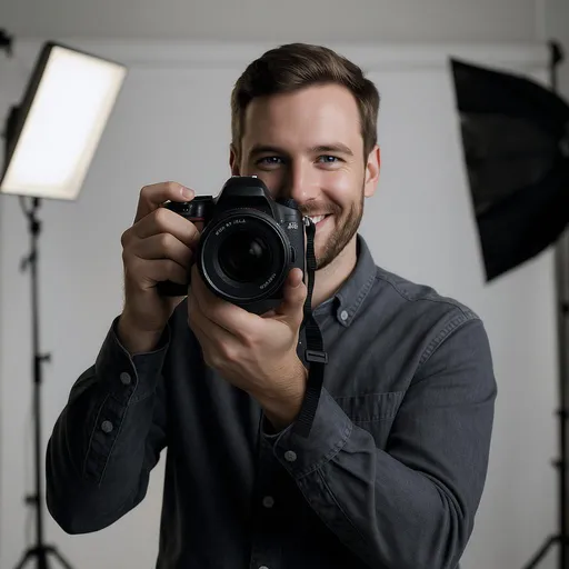 Prompt: Photographer with a professional camera in the background of a photo studio
