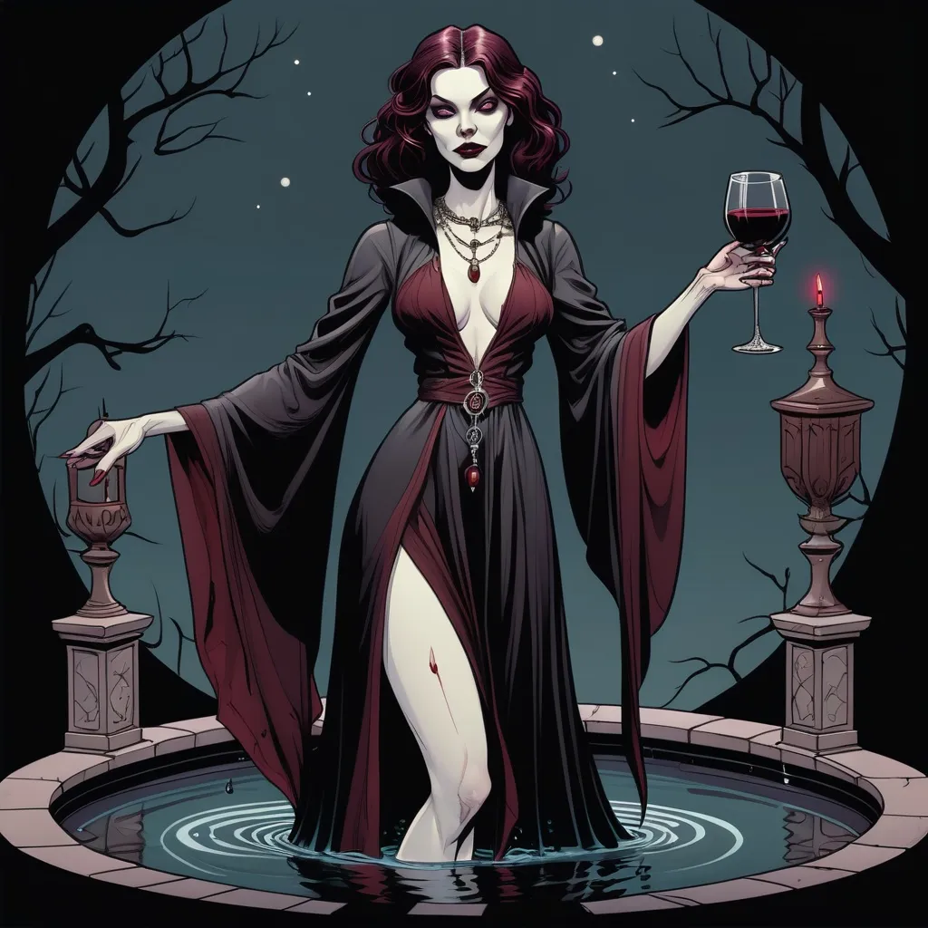 Prompt: A comic book illustration of a mysterious and elegant vampire woman named Virelai, in the art style of Cameron Stewart. She stands barefoot, her toes touching stylized pools of ash and wine. Her skin is pale with a soft, moonlit glow. She wears flowing black-and-burgundy robes with detailed occult-inspired accessories, such as ornate rosaries and small bone-shaped charms subtly sewn into the hem. Her long white hair cascades behind her, with soft streaks of crimson at the tips. Her eyes are large and expressive, resembling delicate rose petals — beautiful, but curling inward as if touched by decay. The background features simple gothic arches and mystical symbols, enhancing the surreal, magical tone. The illustration is clean, expressive, and dynamic, with high contrast and elegant linework, capturing her haunting yet captivating presence.