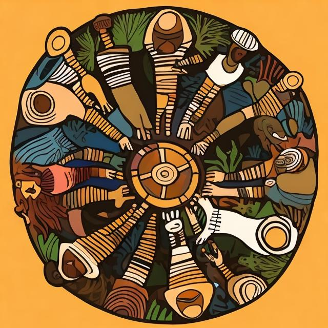 Prompt: groove gathering musical circle in an painting style with people hand drums and instruments
earth tones patterns
