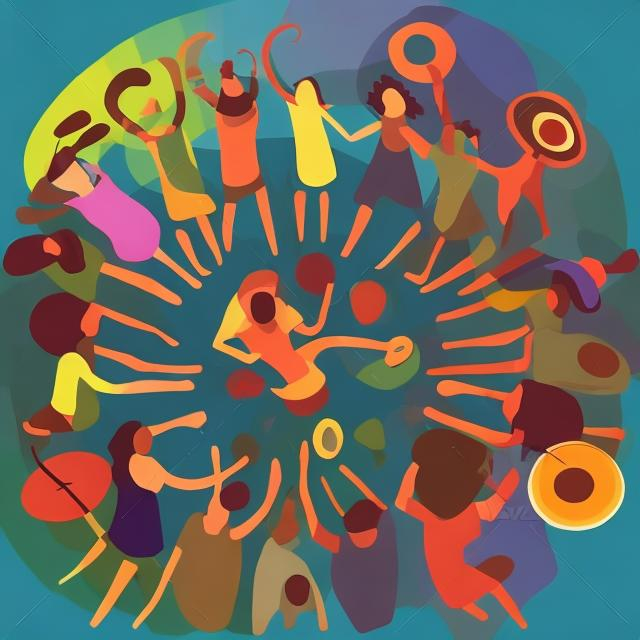 Prompt: groove gathering musical circle in an painting style with people hand drums and instruments

