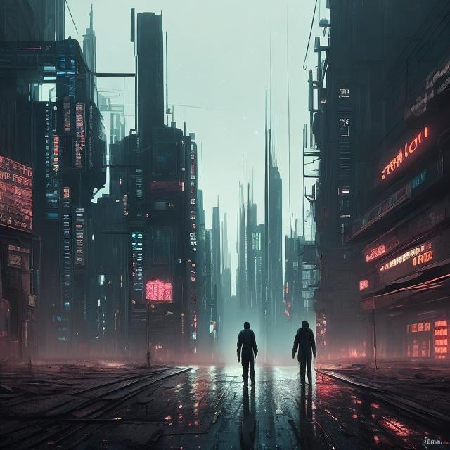 Prompt: Lonely cityscape with two figures, digital art, dystopian, desolate streets, high quality, atmospheric lighting, distant figures, cyberpunk, urban, dark tones, futuristic, detailed characters, dramatic perspective, professional, highres, digital art, dystopian, desolate streets, cyberpunk, atmospheric lighting, dramatic perspective