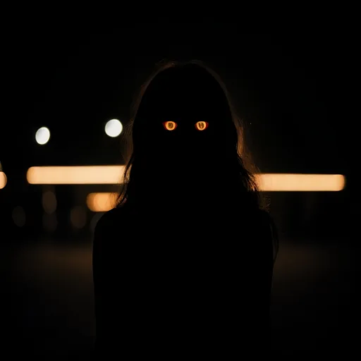 Prompt: Woman swept hair glowing eyes silhouette at night
