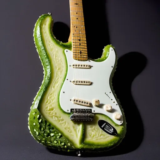 Prompt: A photo of a Fender Stratocaster guitar that is made entirely from cucumbers