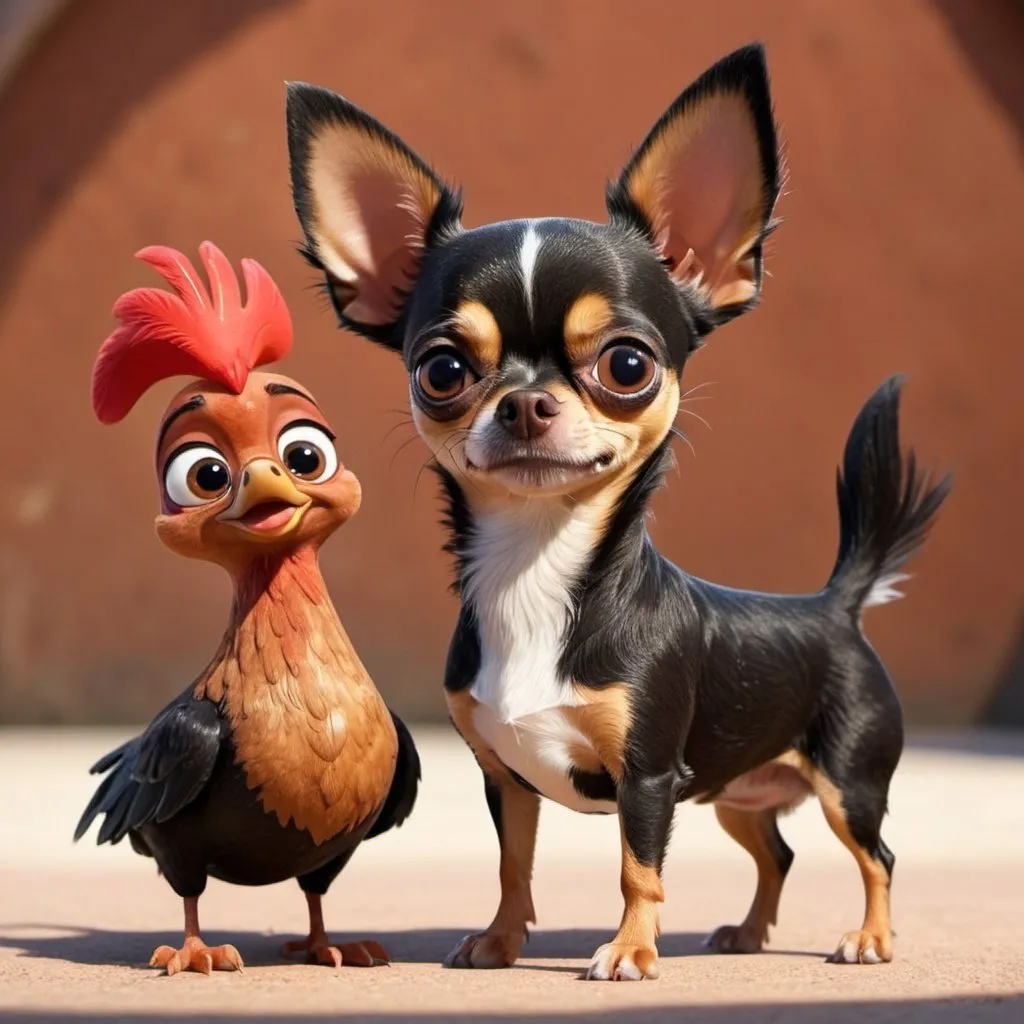 Prompt: A cartoon of a black and brown small chihuahua with white belly next to large red and brown hen in Disney Pixar style 