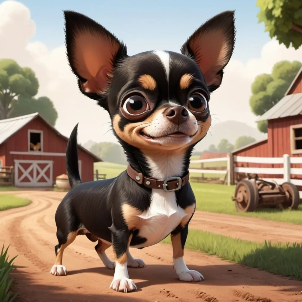 Prompt: A cartoon of black and brown chihuahua with white belly in Disney Pixar’s style on a farm