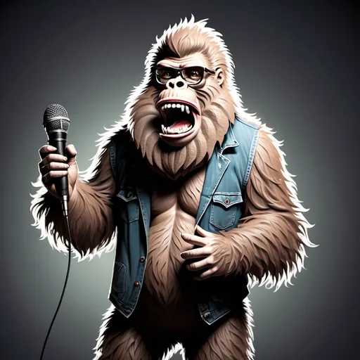 Prompt: hipster Bigfoot doing stand up comedy holding a microphone