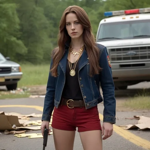 Prompt: A 5'5, white, female detective, with long brown hair and brown eyes, standing in the middle of a crime scene in: irish setter mesabi boots, dark blue denim shorts, a black leather jacket, a red tailored shirt and a gold necklace with a puzzle piece.