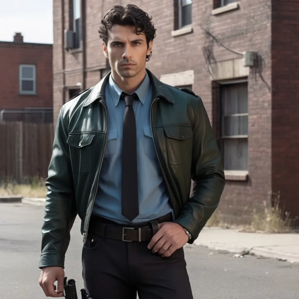 Prompt: A tall, Latino, athletic, male detective with short, curly dark brown hair and blue eyes. He is wearing a cuffed, dark green tailored shirt, black trousers, black leather boots, a leather  jacket and a silver chain. He is standing in front of a crime scene