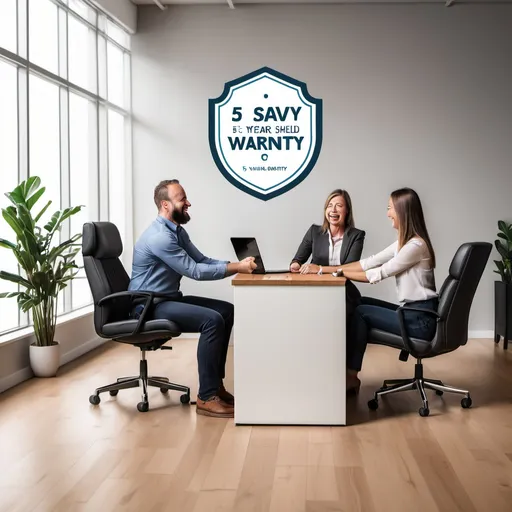 Prompt: Create a graphic for our Savvy Shield 5-year warranty. This graphic is for the refunds and return policy and Savvy Shield 5-year warranty page. It should evoke feelings of safety and should include an image of office furniture as well as a shield. It could also include Happy customers shaking hands with office furniture in the photo. The tone and feeling should be light well lit fresh happy.