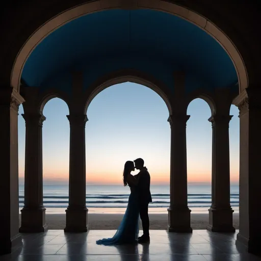 Prompt: The image showcases a silhouette of a couple, presumably in a romantic embrace, set against a backdrop of a large archway. The archway frames a picturesque view of a beach with people and a clear blue sky. The setting appears to be indoors, possibly within a grand hall or corridor, with tall pillars on either side. The lighting is dim, creating a moody atmosphere, and the overall color palette is dominated by dark shades with a pop of bright blue from the outside view. The image showcases a silhouette of a couple, presumably in a romantic embrace, set against a backdrop of a large archway. The archway frames a picturesque view of a beach with people and a clear blue sky. The setting appears to be indoors, possibly within a grand hall or corridor, with tall pillars on either side. The lighting is dim, creating a moody atmosphere, and the overall color palette is dominated by dark shades with a pop of bright blue from the outside view. The image showcases a silhouette of a couple, presumably in a romantic embrace, set against a backdrop of a large archway. The archway frames a picturesque view of a beach with people and a clear blue sky. The setting appears to be indoors, possibly within a grand hall or corridor, with tall pillars on either side. The lighting is dim, creating a moody atmosphere, and the overall color palette is dominated by dark shades with a pop of bright blue from the outside view., illustration