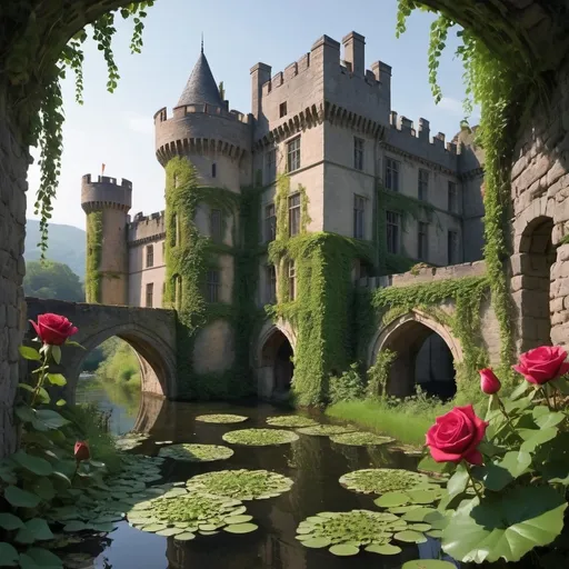 Prompt: the ancient castle loomed over the mountain. the grey walls were covered in ivy, crawling like snakes and there are wisteria blooming in front of the castle. Lily pads in the castle moat were in full bloom. their vibrant colours added a magical touch to the atmosphere. Overgrown red rose bushes were scattered around the perimeter of the ancient castle. its walls are crumbling like a pastry and part of it was in ruins. The sun was about to set.