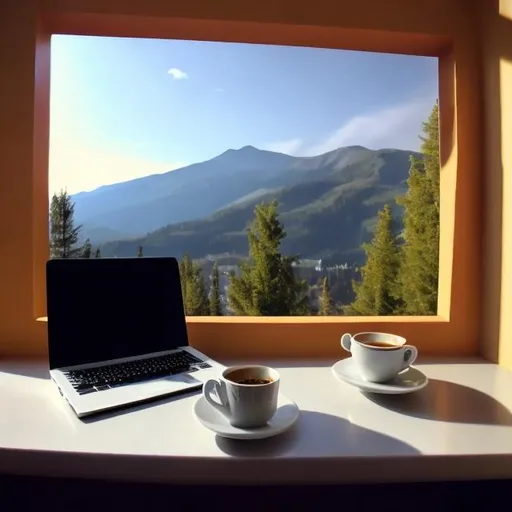 Prompt: i need a picture that shows a lap top- Mac and coffee, in the room is a window , that is overlooking mountains in the distance