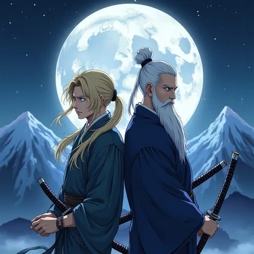 Prompt: Two male samurai stand back to back, exuding an aura of strength and unity. The first samurai has long, wispy blonde hair that flows gently in the breeze, and his bright blue eyes shine with determination. The second samurai, a seasoned warrior, has his white hair tied up in a traditional knot, complemented by a long white beard and piercing grey eyes. He holds two long katanas with a firm grip, ready for any challenge. They are positioned under a large, luminous moon that casts a silvery glow over the scene. The backdrop features majestic mountains in varying shades of blue, creating a serene yet powerful atmosphere. The night sky is dotted with stars, adding to the mystical ambiance of this captivating setting.