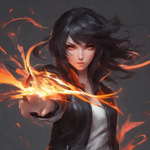 Prompt: ((best quality)), ((illustration)), ((masterpiece)), bright  colors, unreal engine, highres, fantasy, 1 girl, light skin, Black jacket, bright crimson eyes, black hair, angry, flowing hair, orange aura, highly detailed
