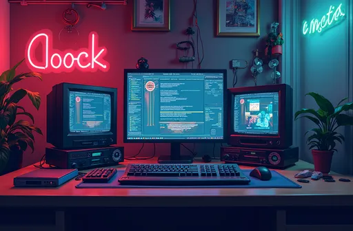 Prompt: I would like a banner for my clothes and accessorie store that brings the feeling of computer tech retro's on 80s with a bit of gaming elements
