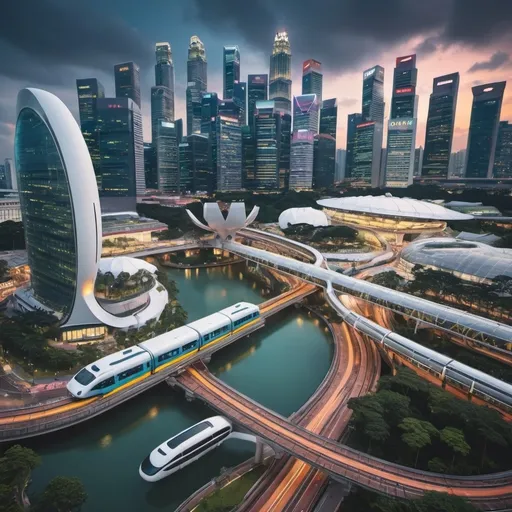 Prompt: futuristic singapore with trains, buses and taxis. add in iconic singapore buildings. I want it vibrant and full of life. add in flying taxis.