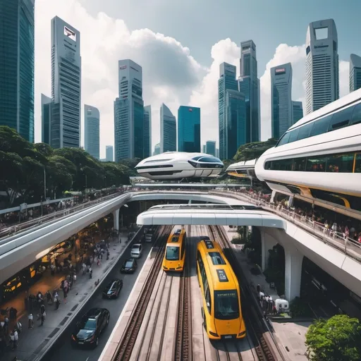 Prompt: futuristic singapore with trains, buses and taxis. add in iconic singapore buildings. I want it vibrant and full of life. add in flying taxis.