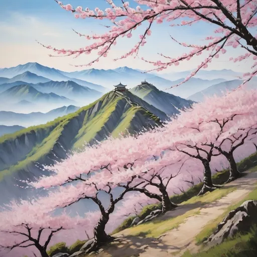 Prompt: Paiting of cherry blossom trees on a mountain.