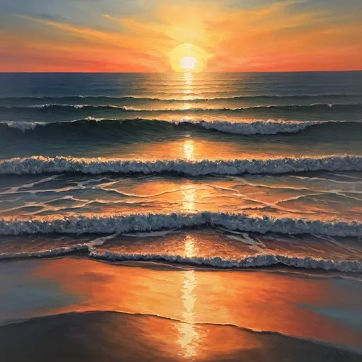 Prompt: Painting of a sunset reflecting on the ocean.