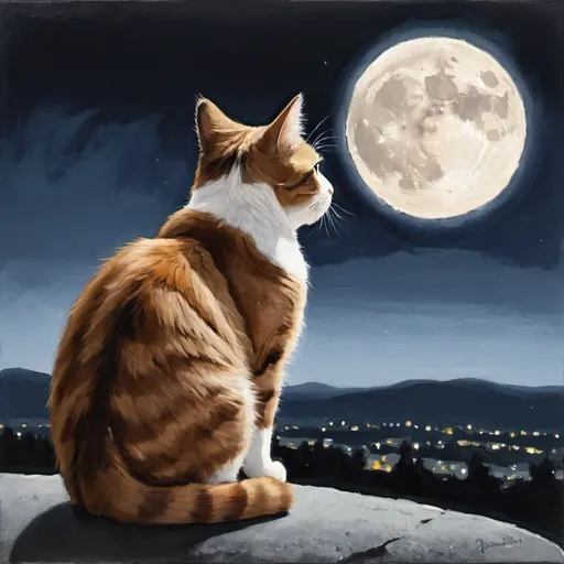 Prompt: Painting of a cat watching the fullmoon.