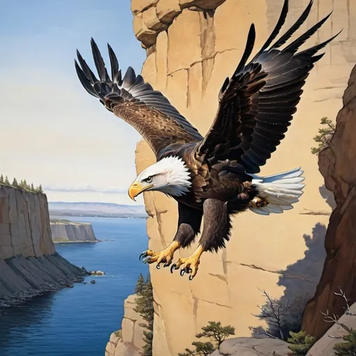 Prompt: Painting of a eagle diving from the cliff.