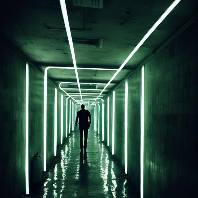 Prompt: silent people walking down
stairway, neon-darkened corridors, neon arrows