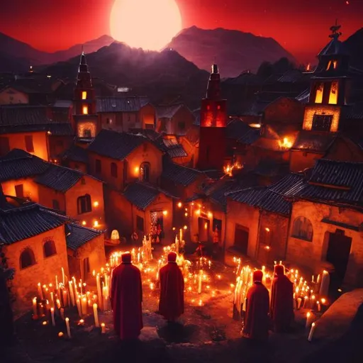 Prompt: loveraftian people, humanoid, cult, chanting, candles, village centre, crimson, blood, night
