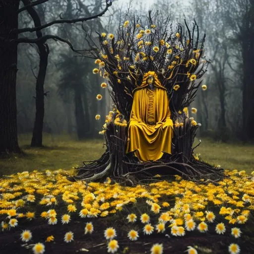 Prompt: the faceless yellow king is standing, the wooden throne, yellow daisies are on the ground, grim branches are on the left and on the right, sky is dark