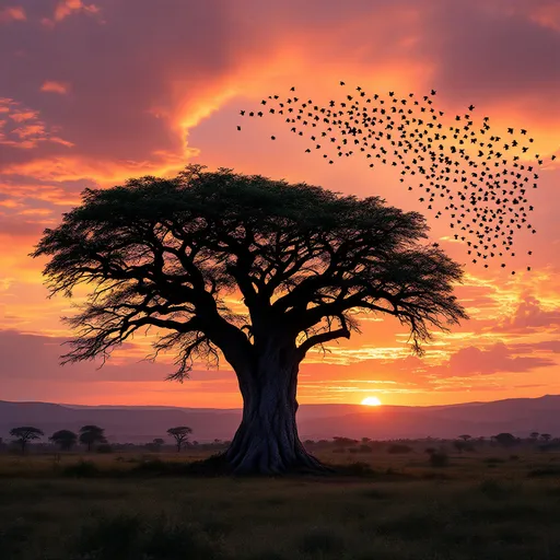 Prompt: "As the sun sets over the African village of Koumana, the sky is painted in brilliant hues of orange, pink, and purple. The ancient baobab, now a silent witness to the trials and triumphs of the villagers, stands silhouetted against the radiant horizon. The land, once suffering, now flourishes, with green fields stretching beyond the hills. A flock of birds soars high above, their wings catching the last golden light of the day. The scene is peaceful, the air warm with the promise of renewal. The village, now unified, embraces the wisdom of the past as they step into a hopeful future."