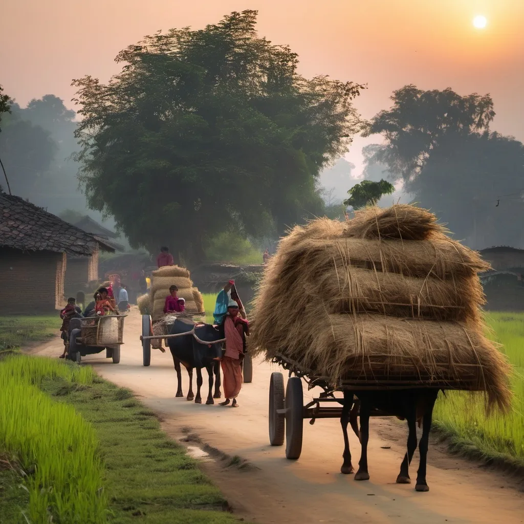 Prompt: nepal terai village dusk scene with bullock cart and men and women carrying hay on head