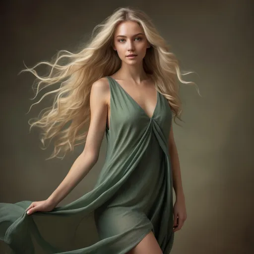 Prompt: Realistic portrait of a young, thin, blonde woman, detailed facial features, flowing fabric, detailed eyes, full body, arm in bottom, airy green dark dress, flowing hair, warm tones, high quality, realistic style, warm natural lighting, professional, elegant, detailed dress